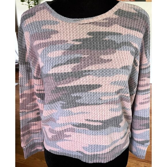 Camo Waffle Top Knit Dolman Sleeve Top Back Peephole sz(L) - Picture 1 of 7